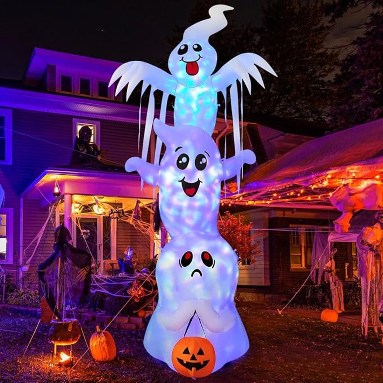 GOOSH 9.8 FT High Halloween Inflatable Overlap Ghost with Built-in LEDs (Three Ghosts)